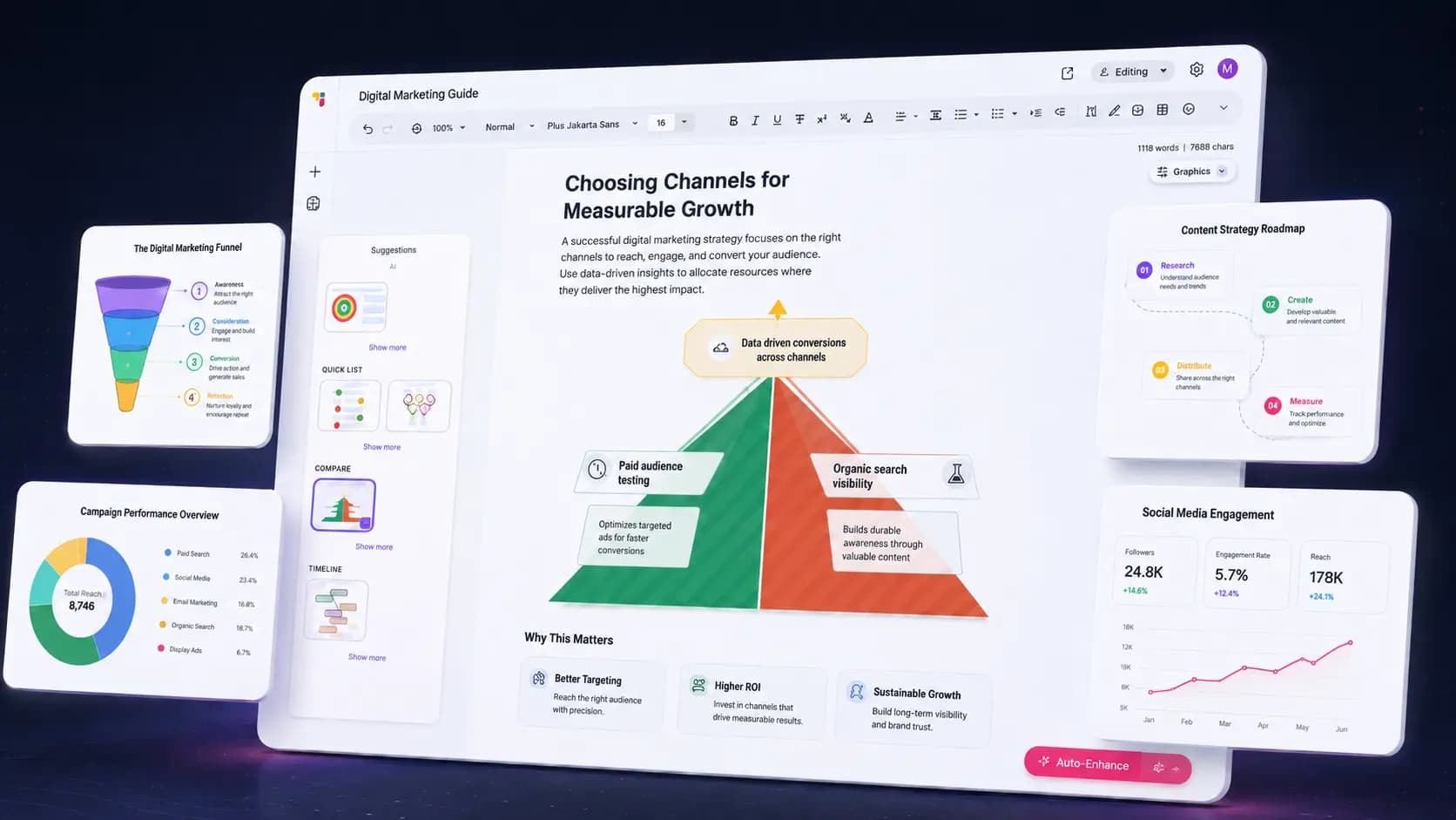 Traceful AI platform interface showing document editing with AI-generated visuals